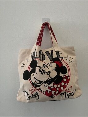 Disney Cream Canvas Tote with Red Heart & Mickey Minnie Art